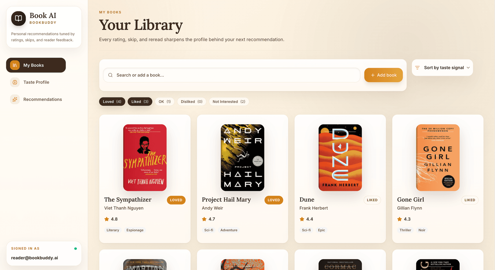 BookBuddy recommendation feed with personalized book matches and confidence signals