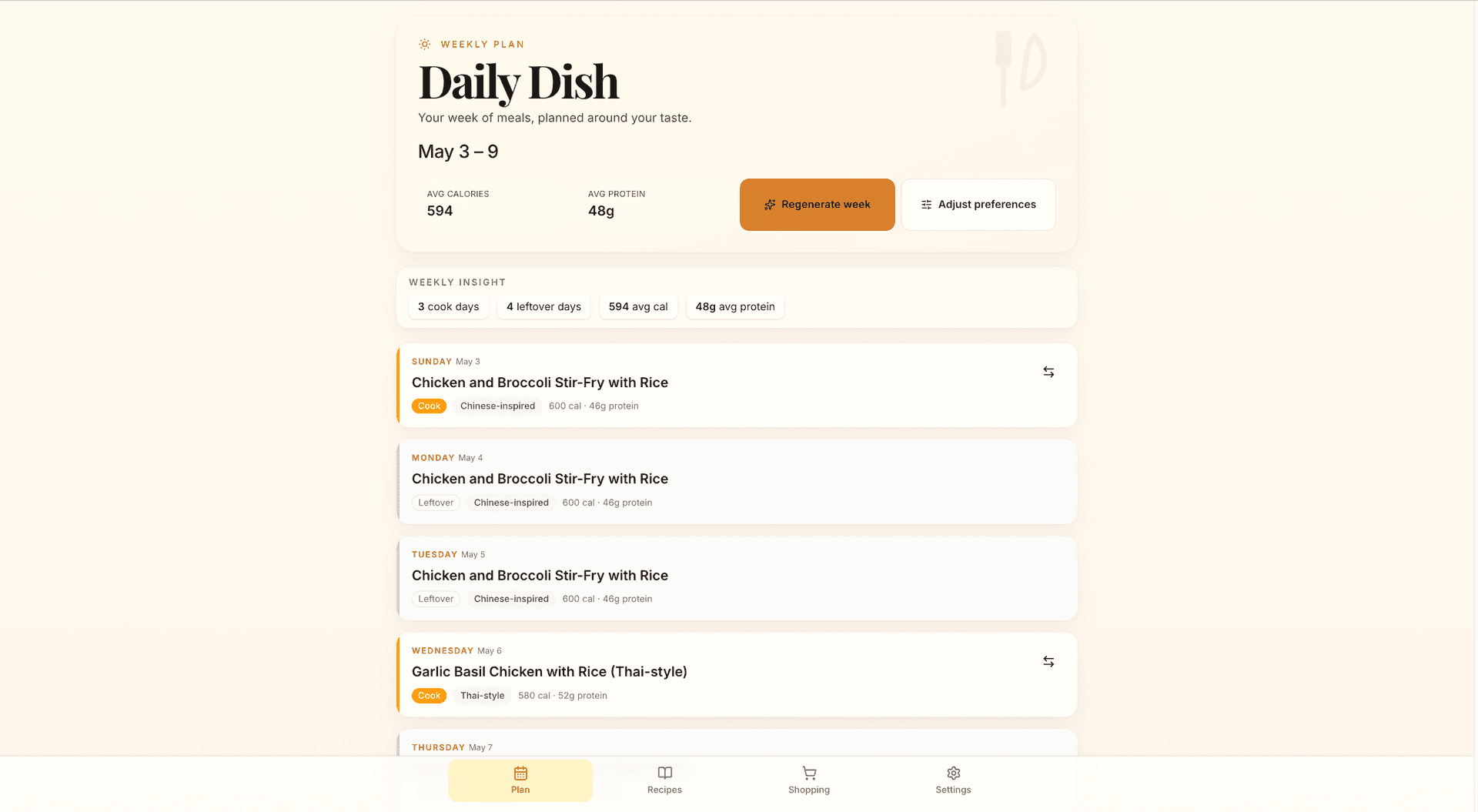 Daily Dish weekly meal plan view with meals organized by day and preference constraints