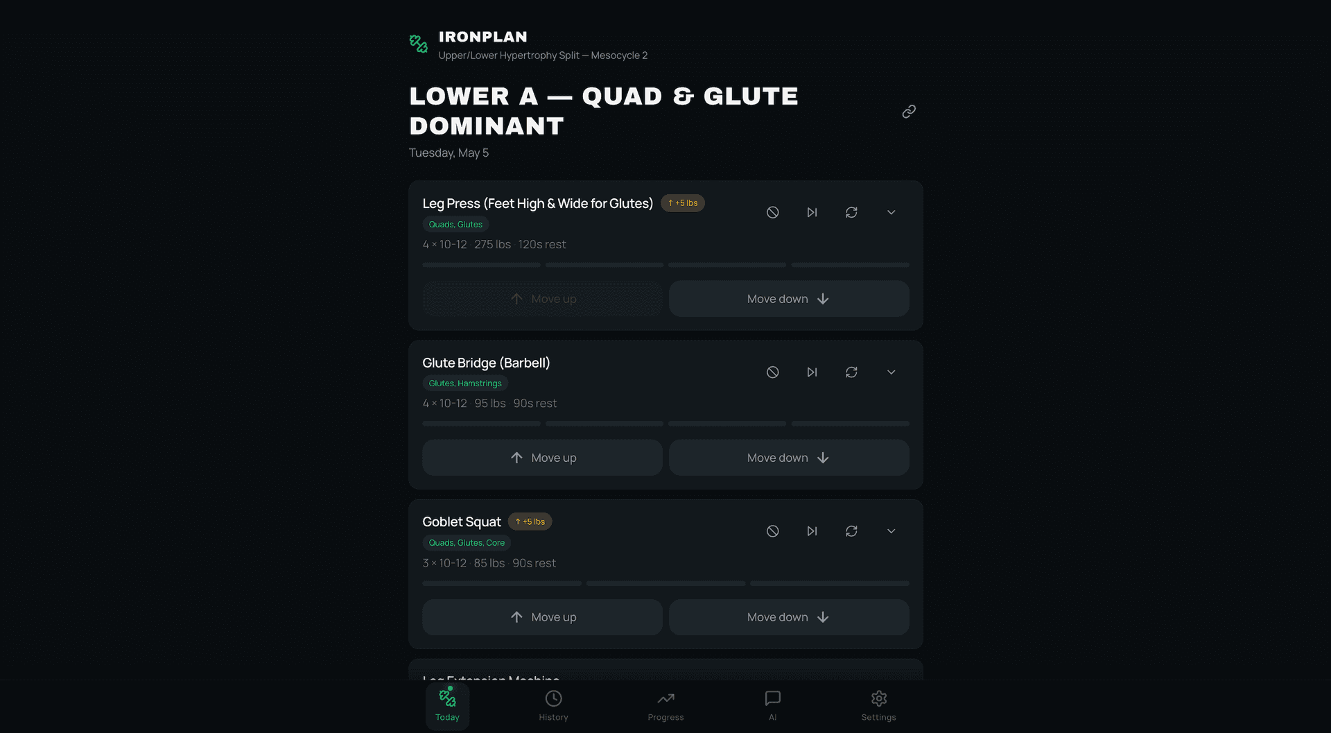 IronPlan training program dashboard with weekly hypertrophy plan structure